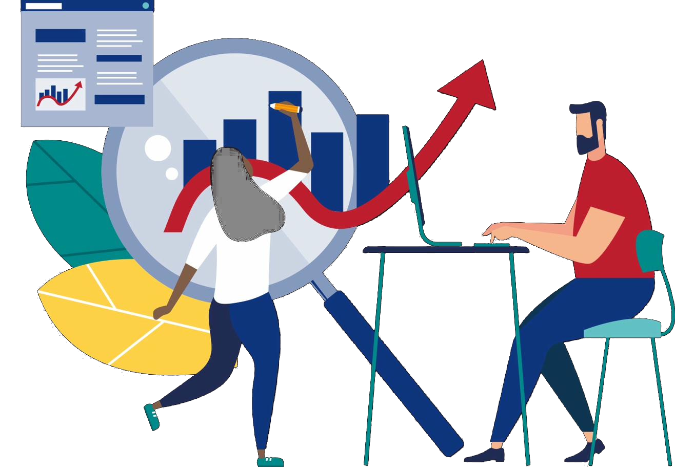 Two people working together on AI-driven business analytics with rising performance arrow