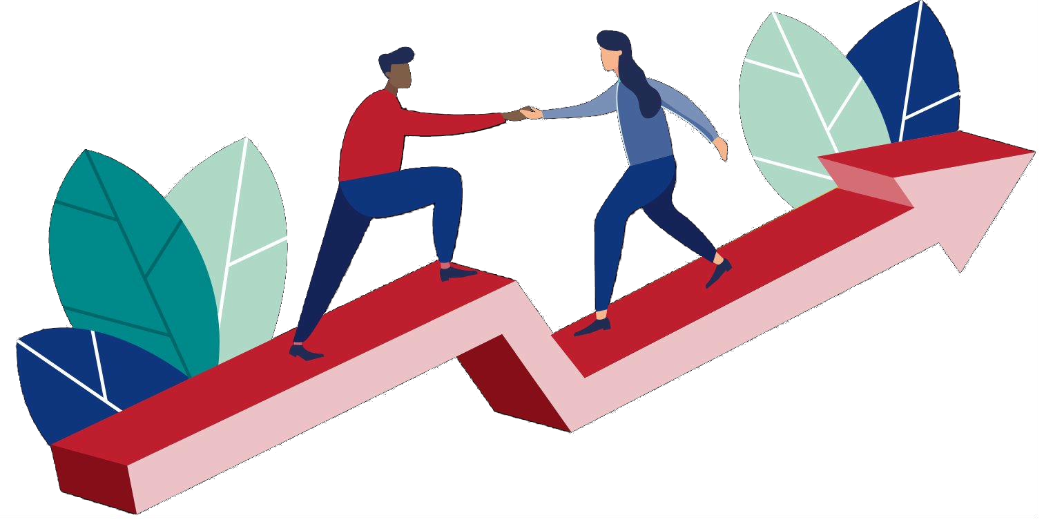 Two people climbing an upward arrow illustrating collaborative growth